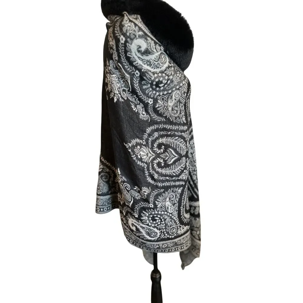 Paisley Pashmina Wrap Faux Fur Collar Black Fringe